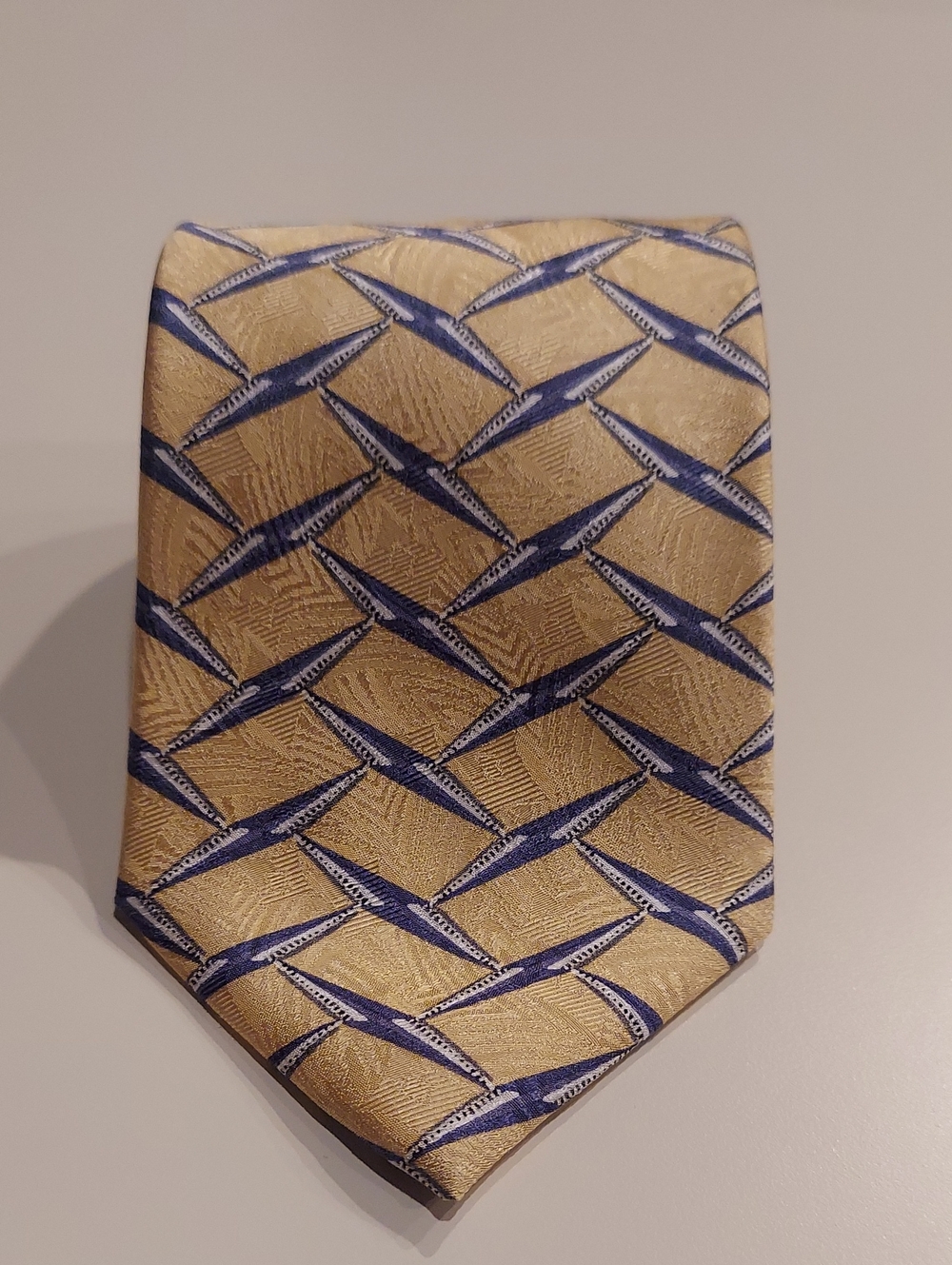 Vintage XMI Gold Silk Tie with Blue Lattice Pattern